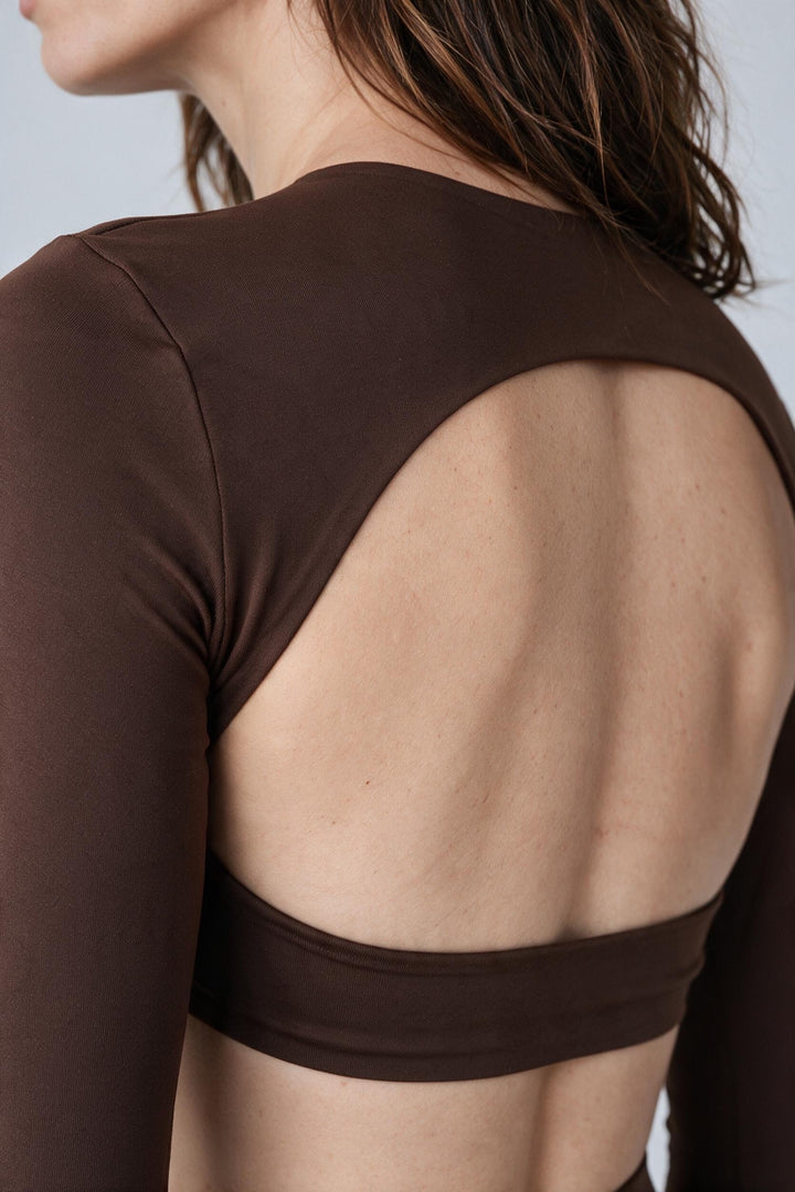 SCULPT OPEN BACK – Top Crop a Maniche Lunghe Marrone